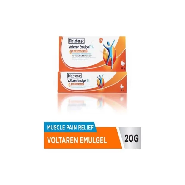 Voltaren Emulgel 20g tube and carton, a blue and white topical diclofenac pain relief gel, front view