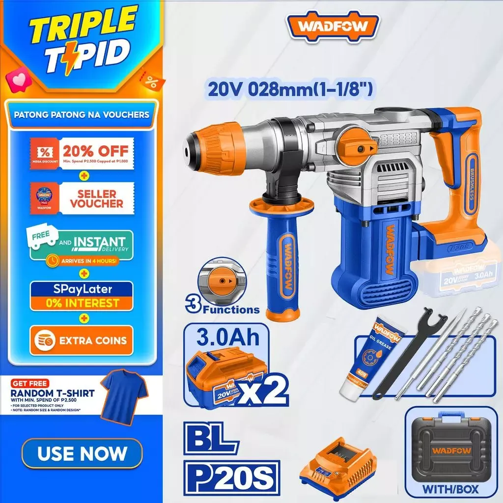 Wadfow WLM1528 blue and black 20V cordless brushless SDS Plus rotary hammer, side view