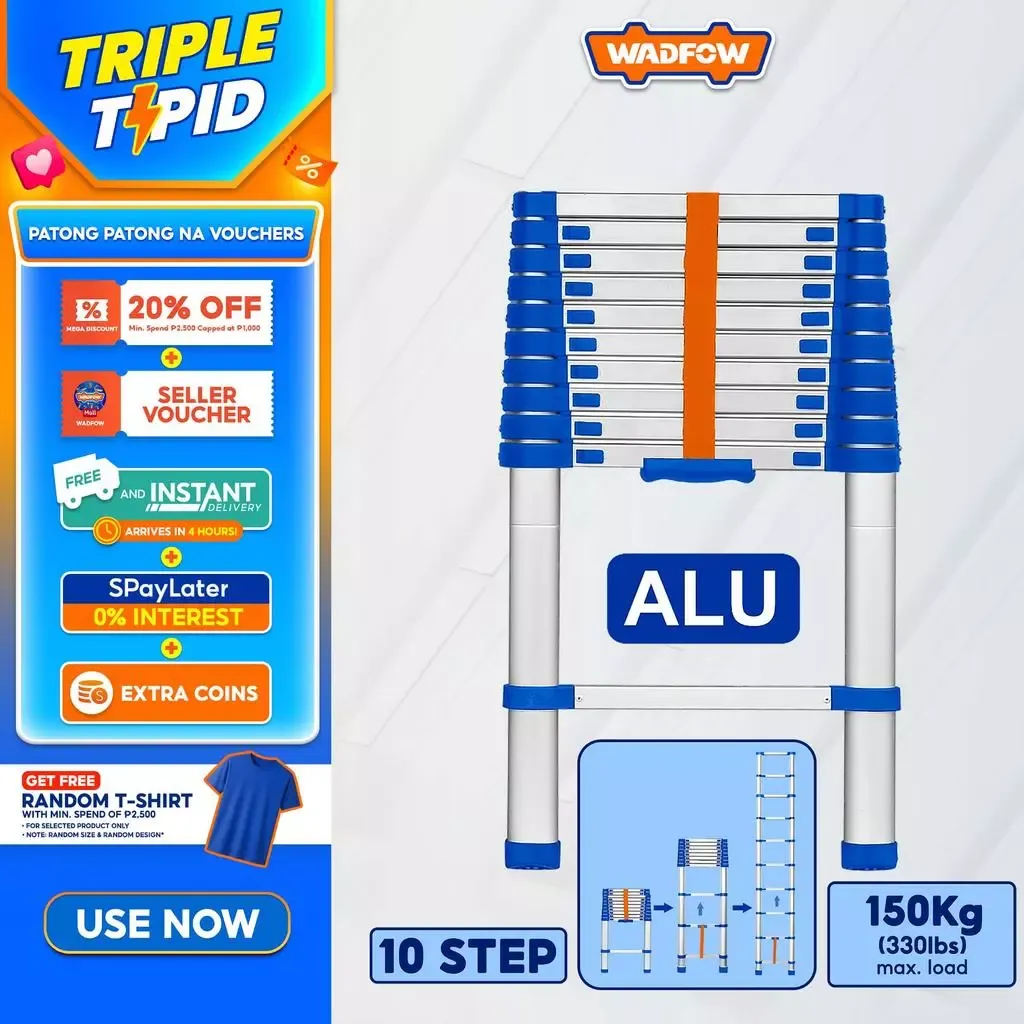 Wadfow aluminum telescopic ladder extended, with 150kg load rating