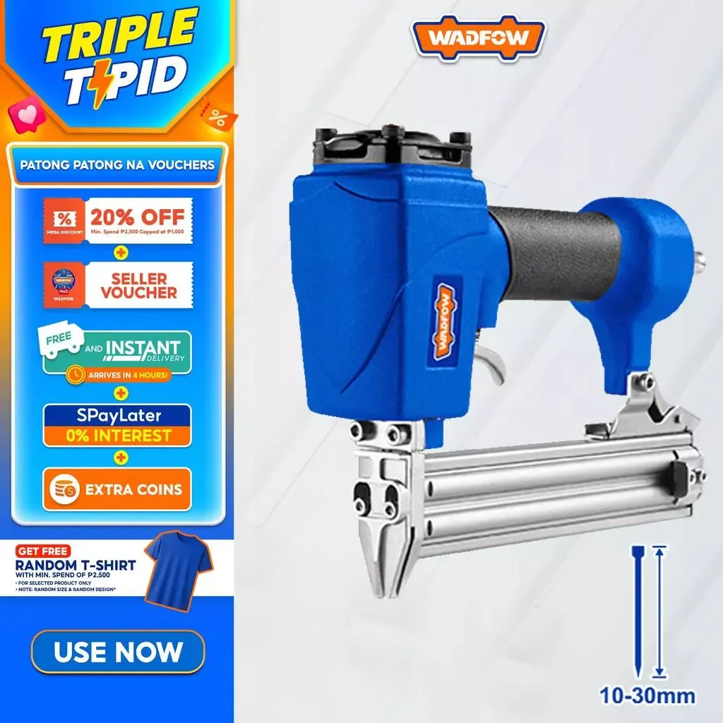 Wadfow WBN3532 pneumatic air brad nailer in blue with an aluminium magazine and rubber grip