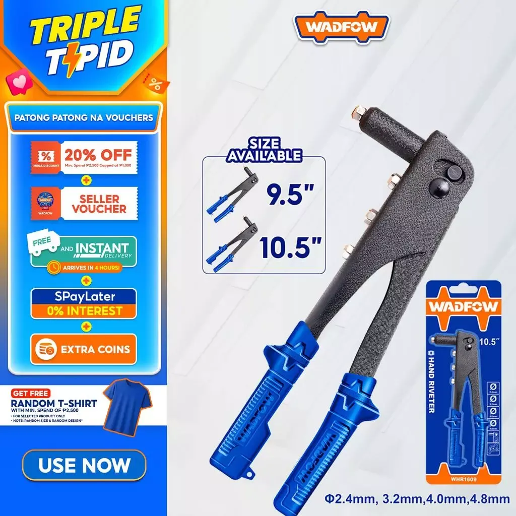 Wadfow WHR1609 hand riveter with a textured black body and blue grips, shown with its retail card