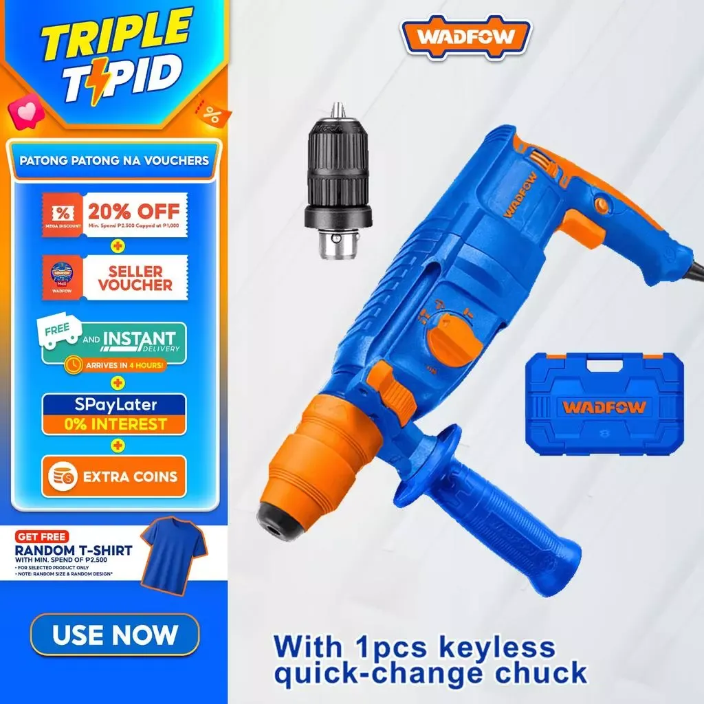 Wadfow WRH1D26-2 blue and black 800W SDS Plus rotary hammer with keyless chuck, bits and case