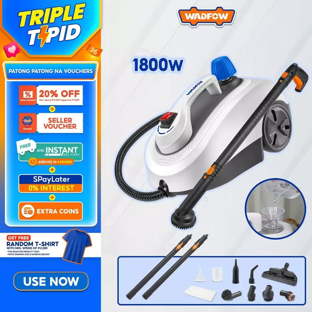 Wadfow WSC1515 1800W steam cleaner with stainless tank and working light, front view