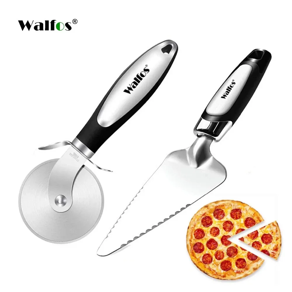 Walfos stainless steel pizza cutter roller with pastry and dough shovel, flat lay
