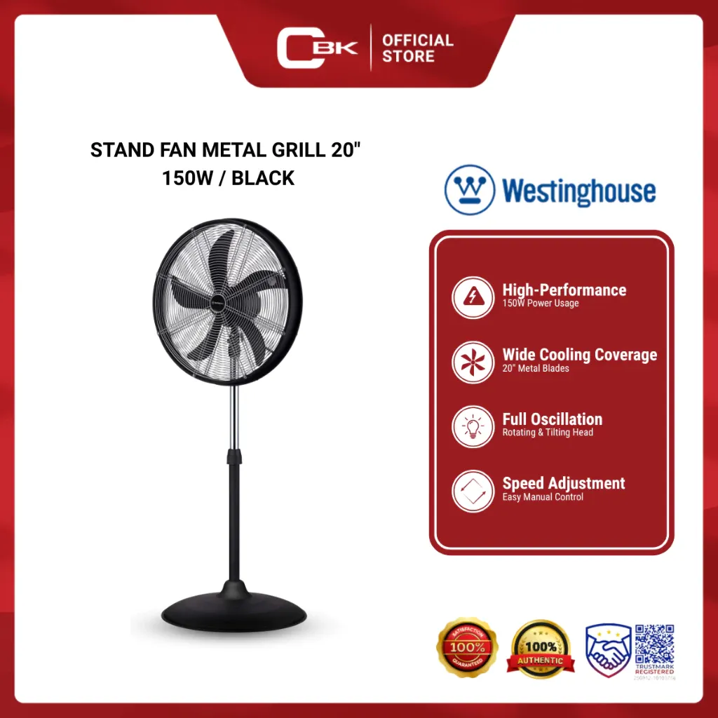 Westinghouse WH72715 20-inch industrial stand fan in black and silver with metal grill