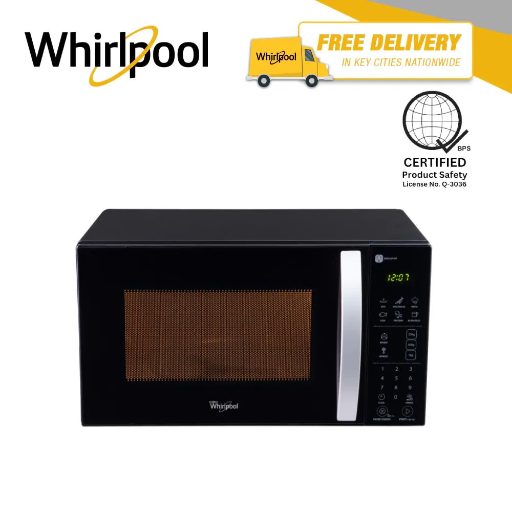 Whirlpool MWX203 BL 20L digital microwave oven in black with LCD display