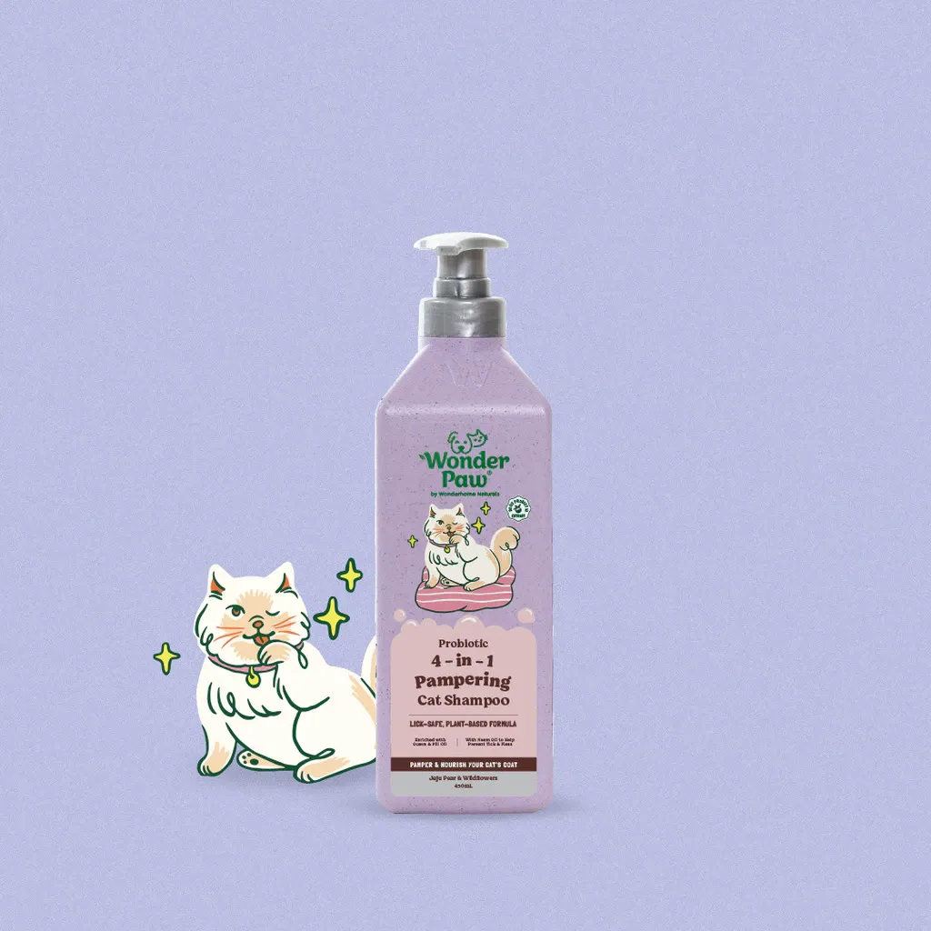 WonderPaw Probiotic 4-in-1 pampering cat shampoo 450ml bottle, Jeju Pear and Wildflowers