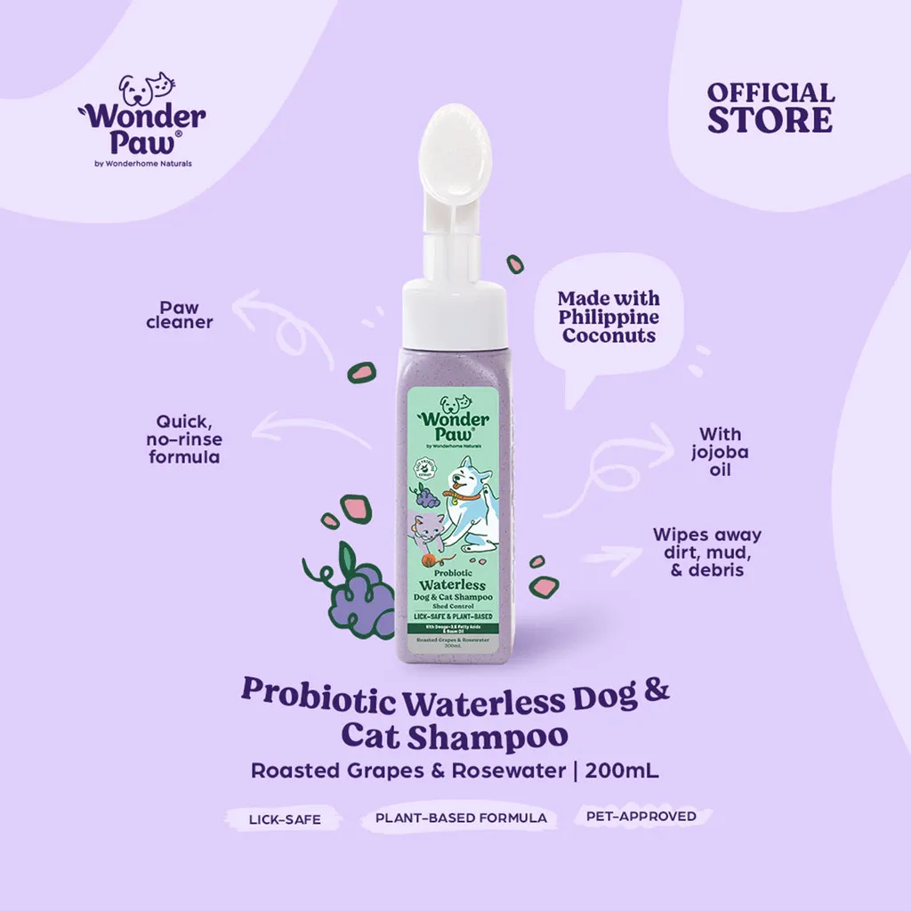 WonderPaw Probiotic waterless dog and cat shampoo 200ml bottle, Roasted Grapes and Rosewater