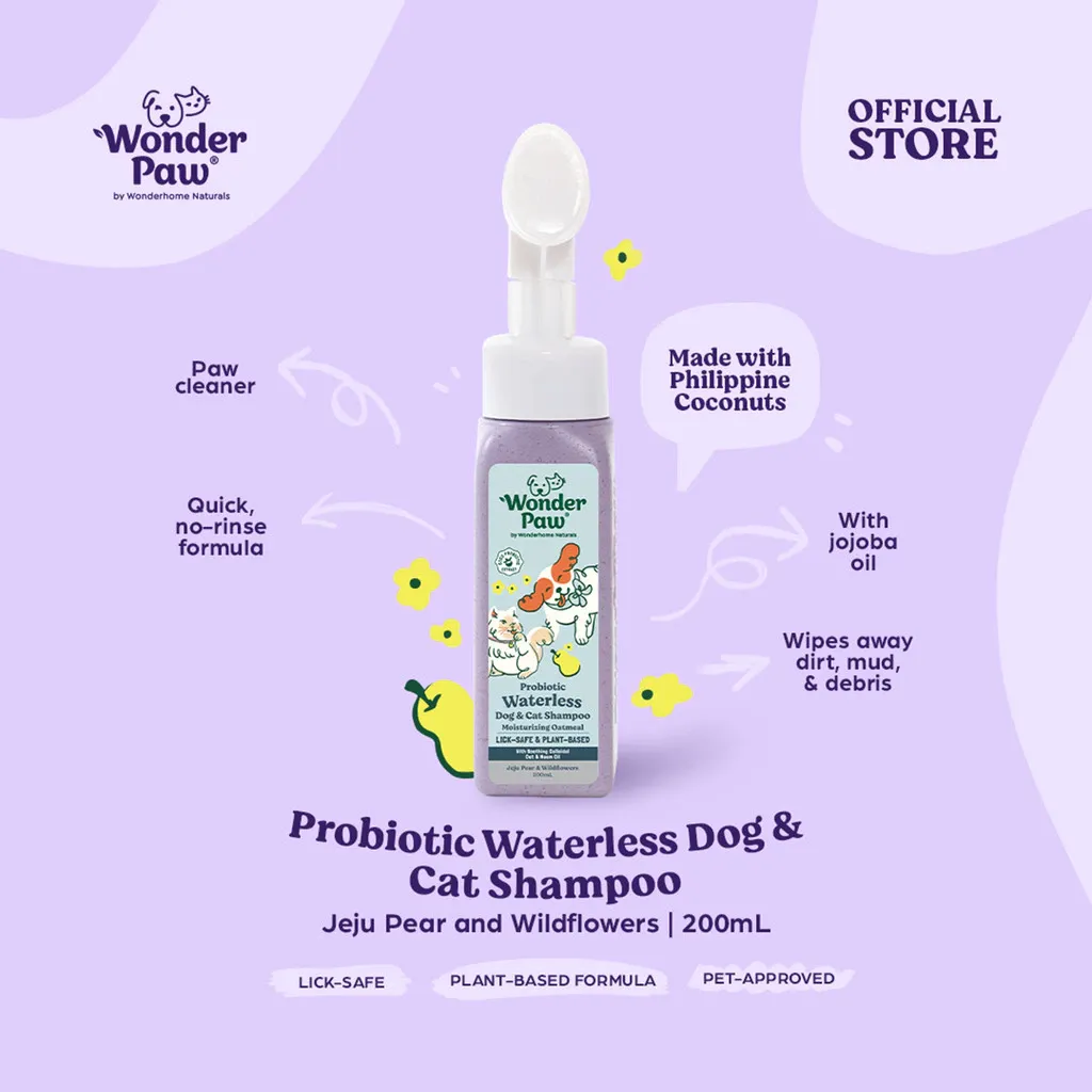 WonderPaw Probiotic waterless dog and cat shampoo 200ml bottle, Jeju Pear and Wildflowers