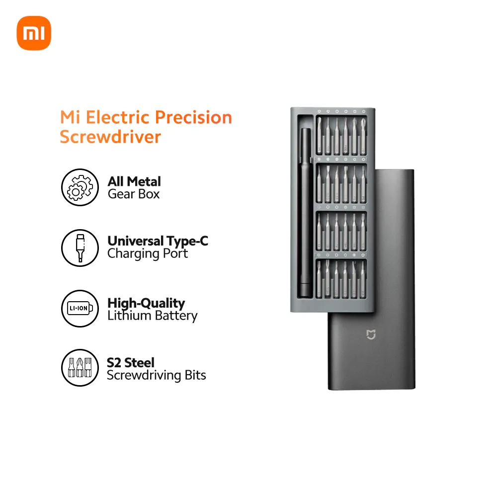 Xiaomi electric precision screwdriver with 24 S2 steel bits in an aluminium alloy case