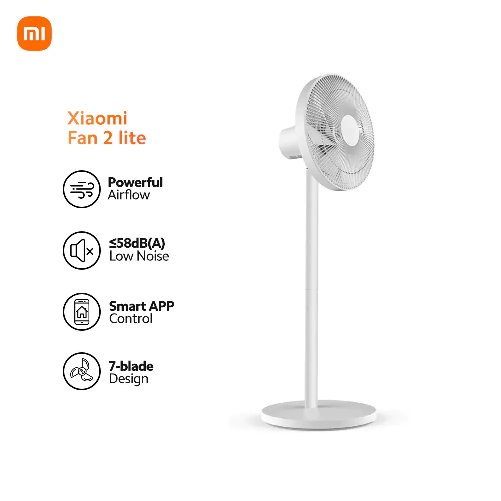 Xiaomi Fan 2 Lite height-adjustable stand fan in white, shown at full stand height