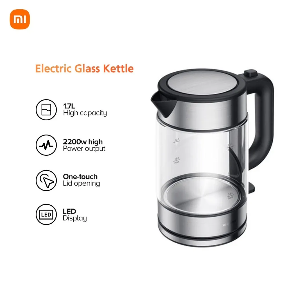 Xiaomi 1.7L borosilicate glass electric kettle with illuminated body, front view