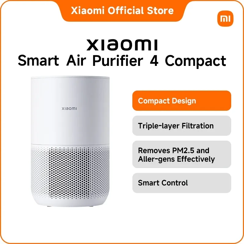 Xiaomi Smart Air Purifier 4 Compact, white cylindrical unit with perforated base, front view