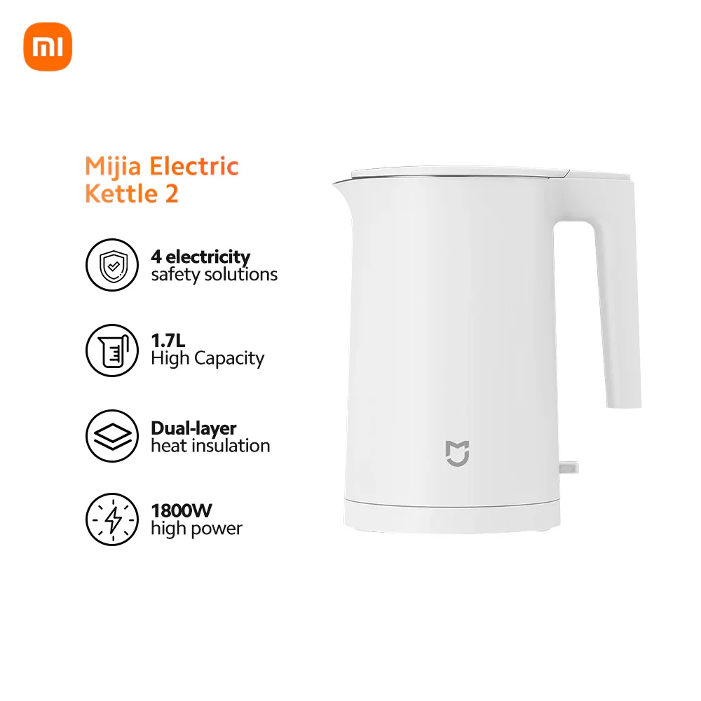 Xiaomi Mijia Electric Kettle 2 in white with a flat lid and cordless base, front view
