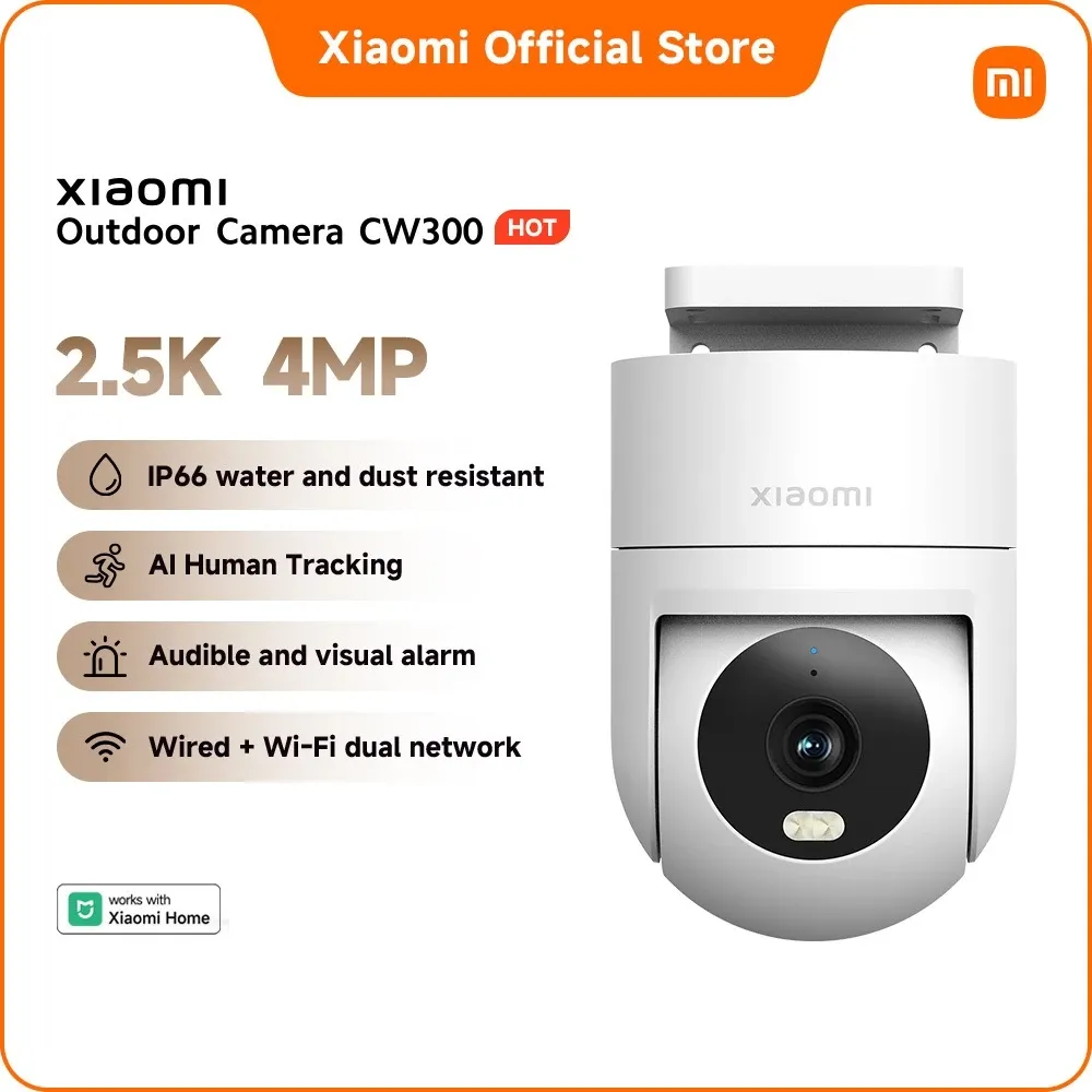 Xiaomi Outdoor Camera CW300, a white pan-and-tilt outdoor camera on a wall bracket with a spotlight below the lens