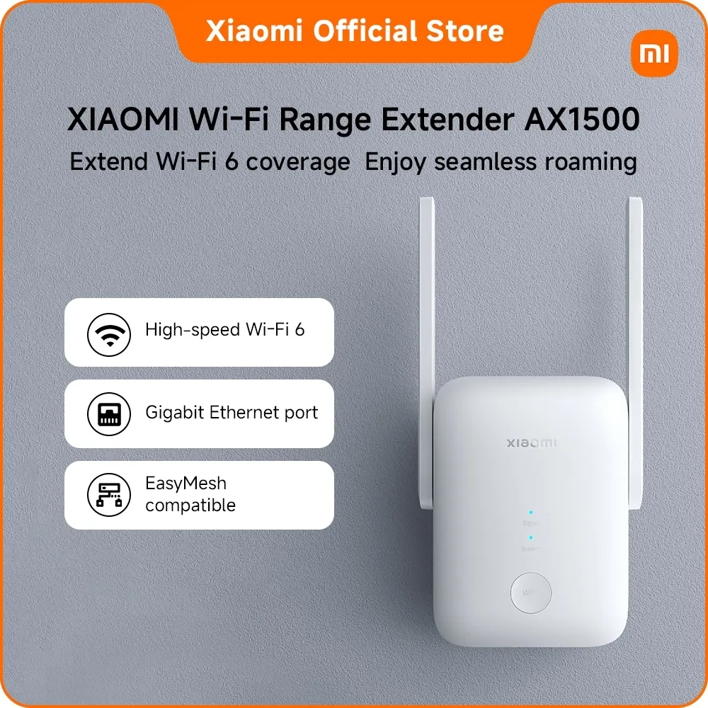 Xiaomi Wi-Fi Range Extender AX1500, white wall-plug Wi-Fi 6 repeater, front view