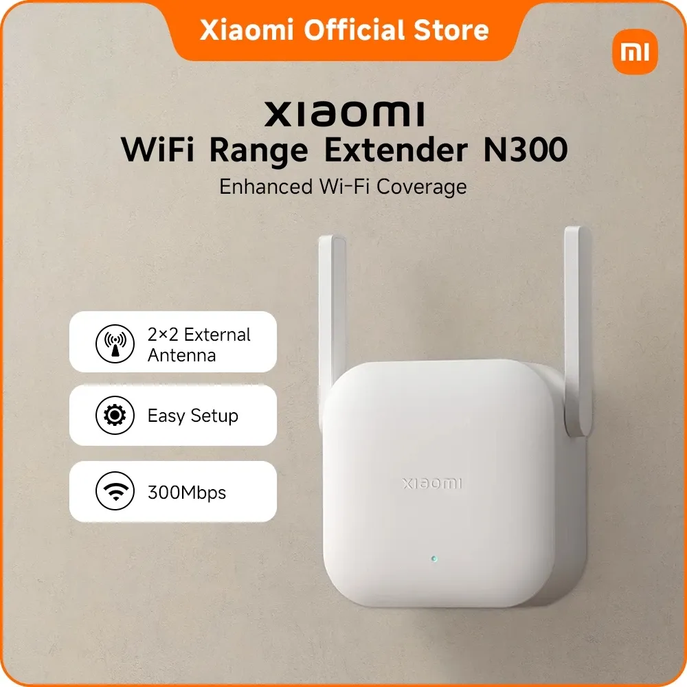 Xiaomi Wi-Fi Range Extender N300, white wall-plug repeater with two external antennas