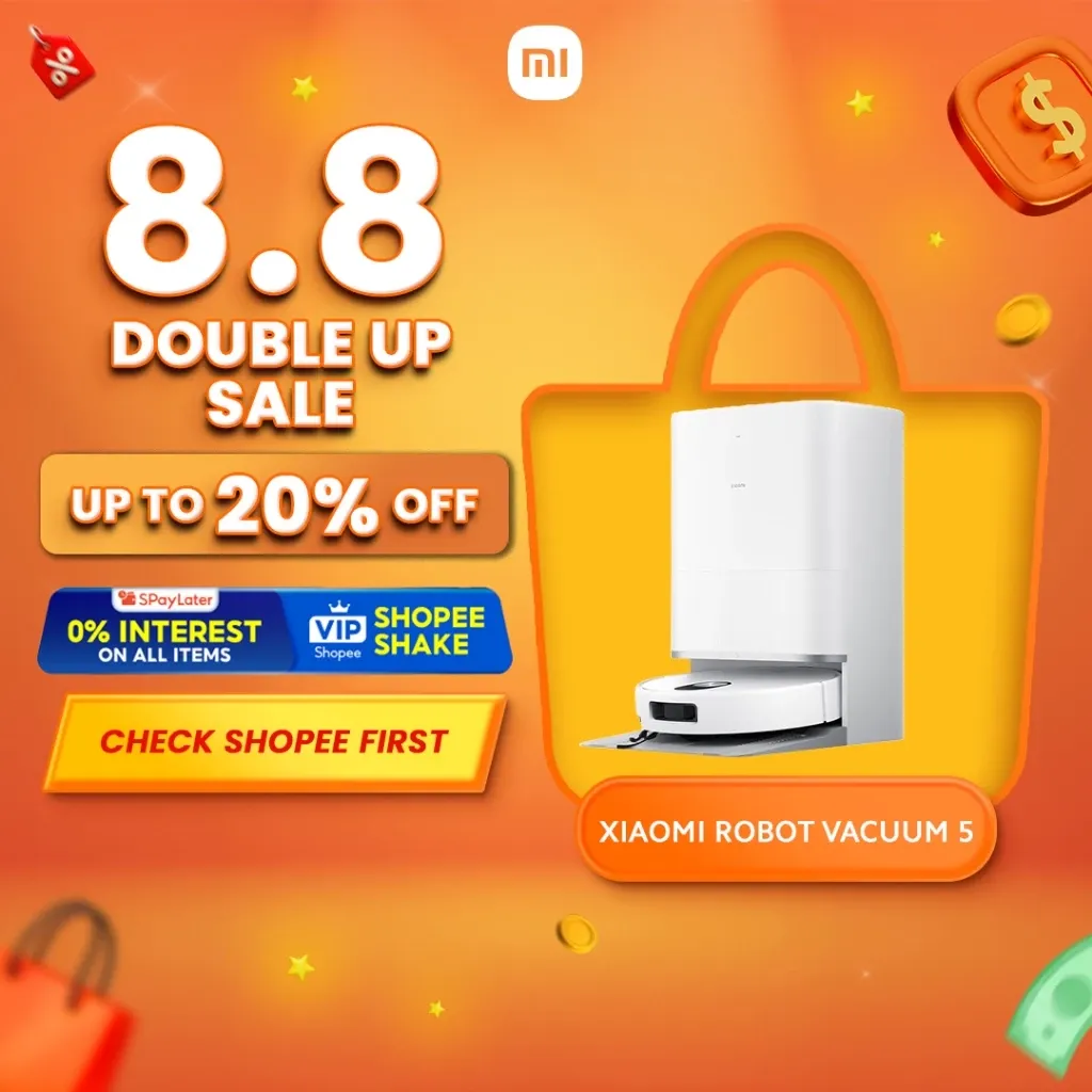 Xiaomi Robot Vacuum 5 white robot vacuum with retractable radar beside its all-in-one dock
