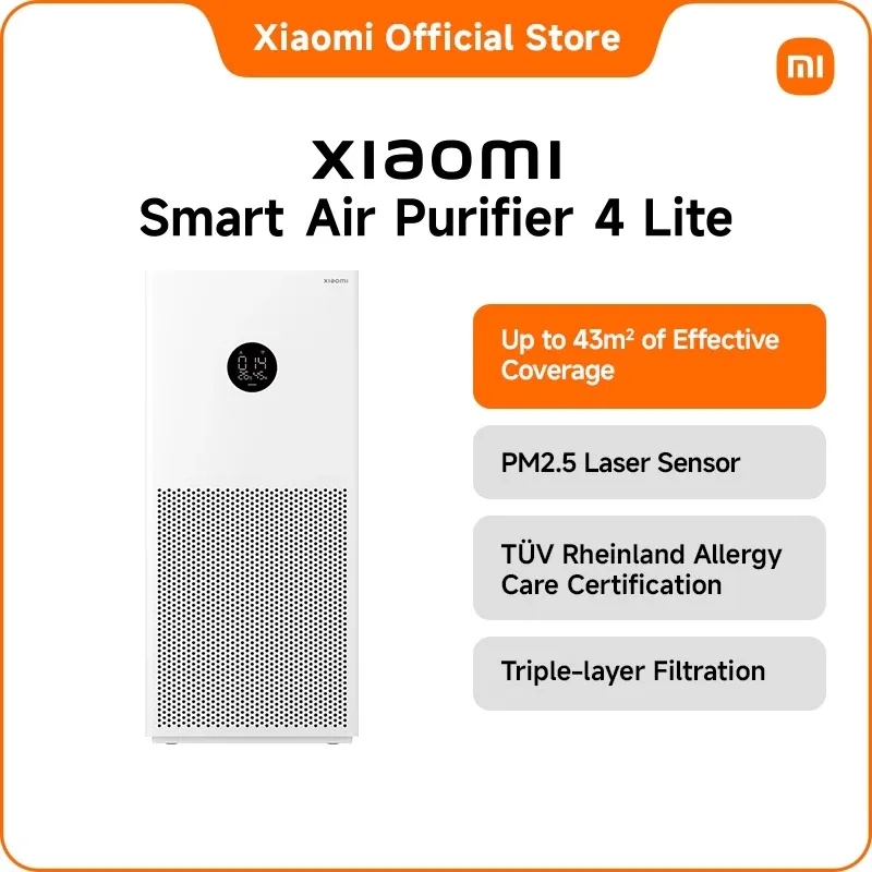 Xiaomi Smart Air Purifier 4 Lite, tall white tower with circular OLED display and perforated lower panel, front view