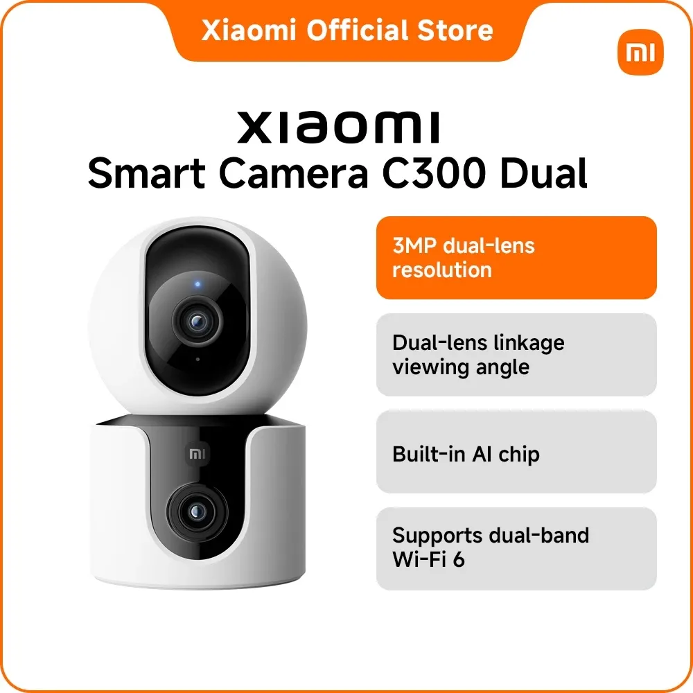 Xiaomi Smart Camera C300 Dual, a white indoor camera with a pan-and-tilt lens on top and a second static lens in the base