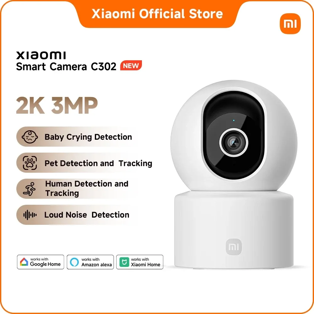 Xiaomi Smart Camera C302, a white spherical pan-and-tilt indoor camera, listed with baby-crying, pet, human and loud-noise detection