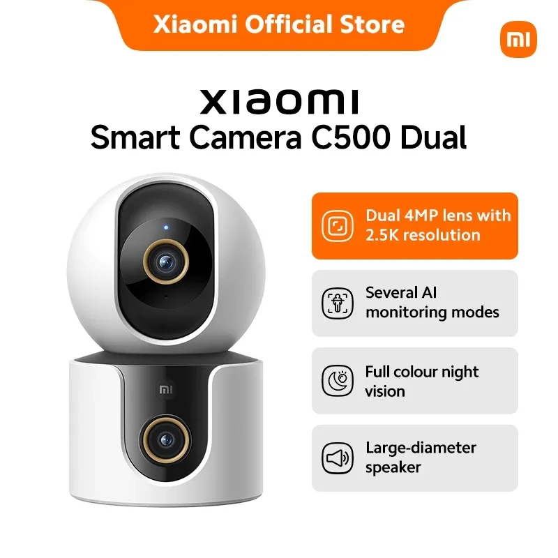 Xiaomi Smart Camera C500 Dual, a white indoor camera with a pan-and-tilt lens on top and a second fixed lens in the base