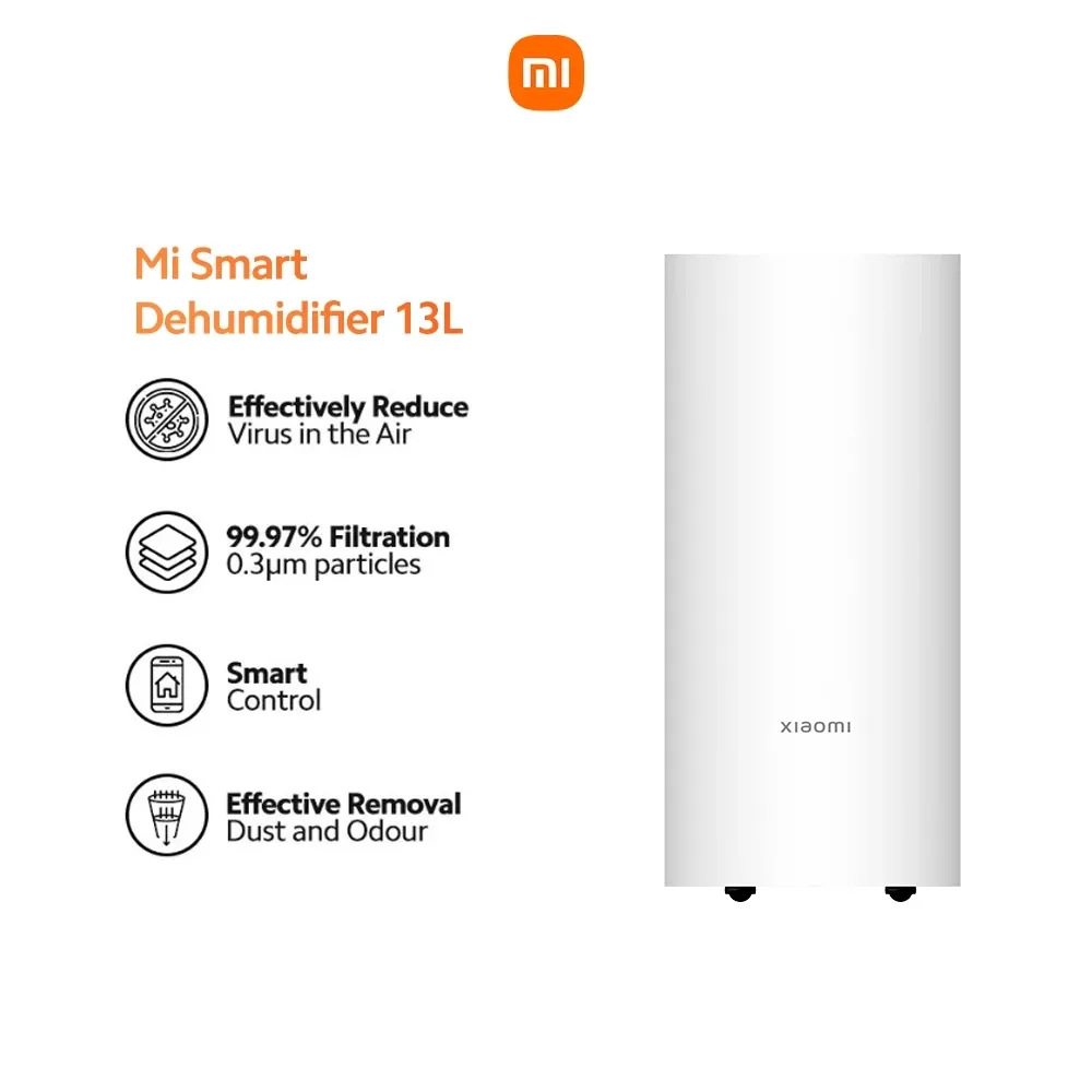Xiaomi Smart Dehumidifier Lite 13L, white rounded tower on castors, front view