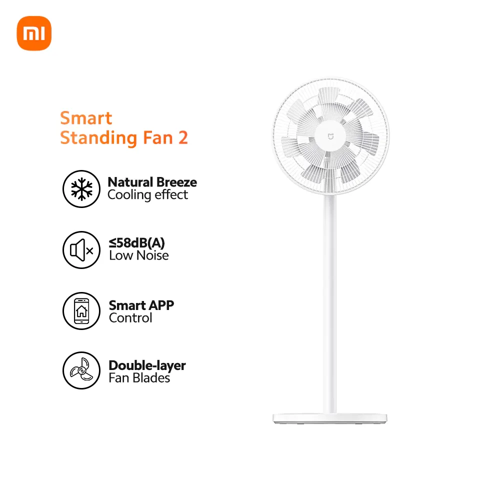 Xiaomi Smart Standing Fan 2 in white with dual-blade grille, shown at full height