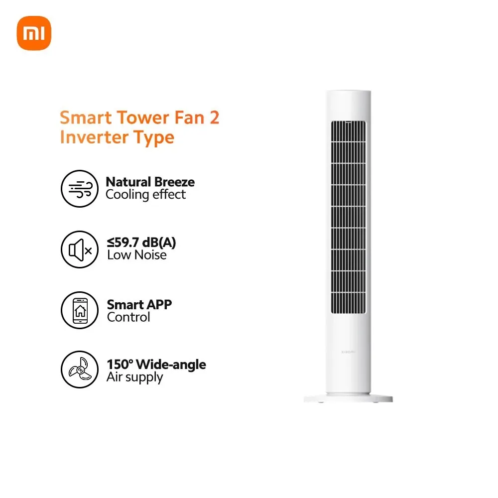 Xiaomi Smart Tower Fan 2, slim white tower fan on a flat round base, front view