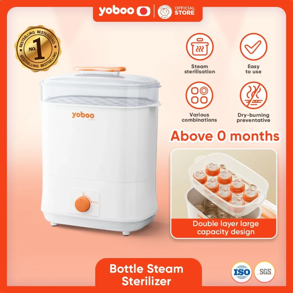 Yoboo white 6.8L double-layer baby bottle steam sterilizer with orange handle and control knob, clear lid and stacked bottle trays