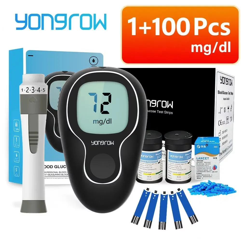 Yongrow blood glucose monitor complete set with test strips and lancets, box view