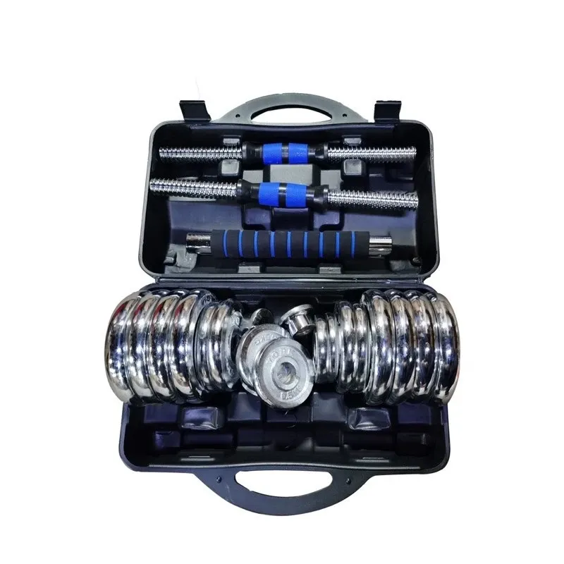 York Fitness 30kg chrome dumbbell set with spinlock collars and long bar in case