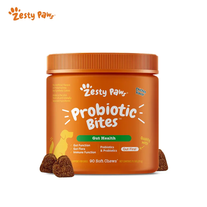 Zesty Paws Probiotic Bites for dogs, chicken flavor, 90 soft chews tub, front view
