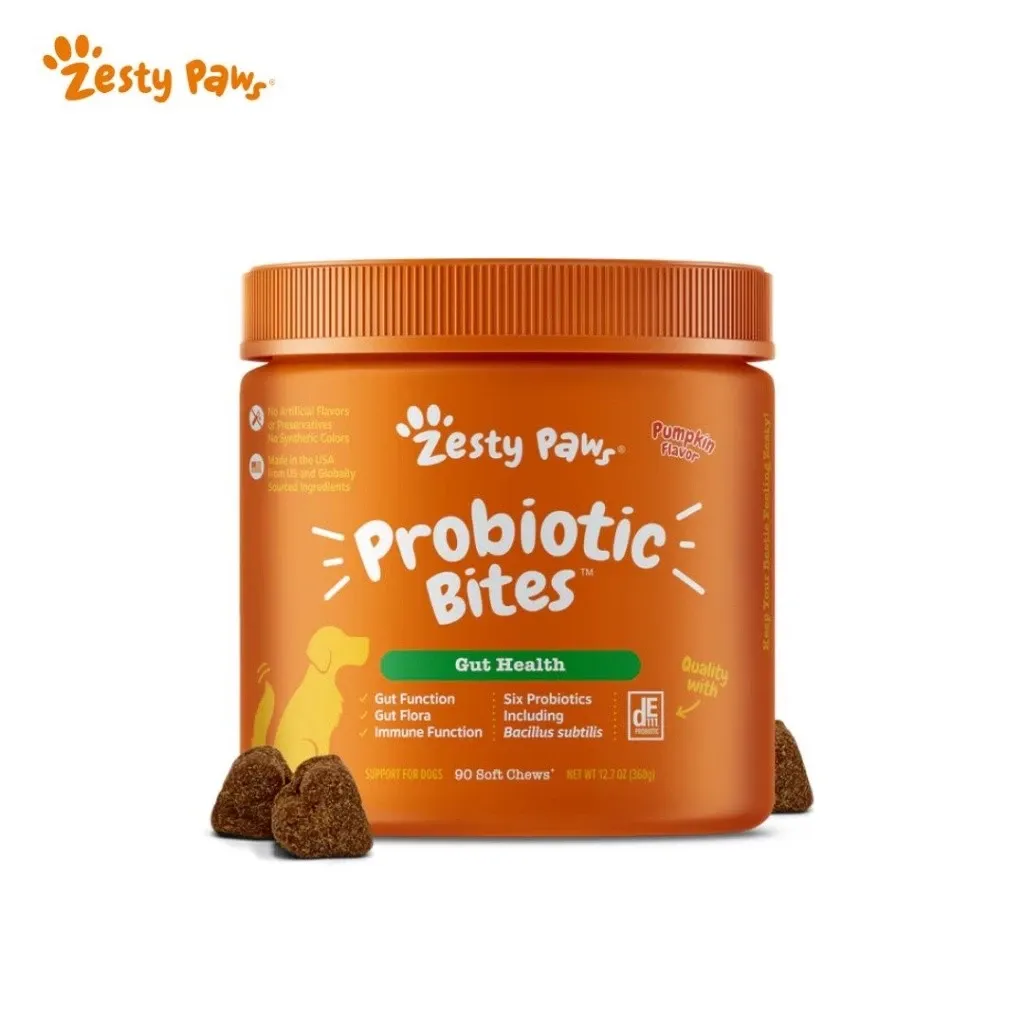 Zesty Paws Probiotic Bites for dogs, pumpkin flavor, 90 soft chews tub, front view