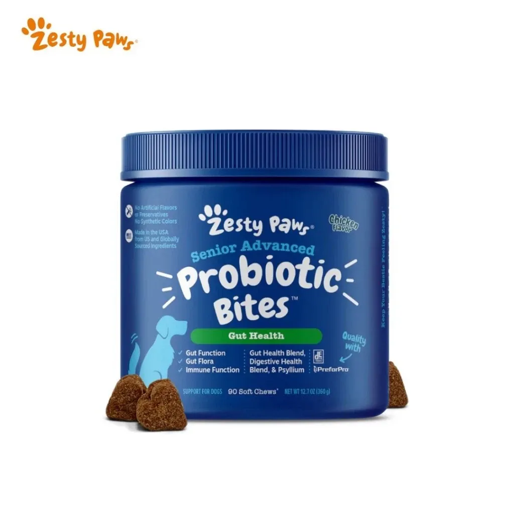 Zesty Paws Senior Probiotic Bites for dogs, chicken flavor, 90 soft chews tub, front view