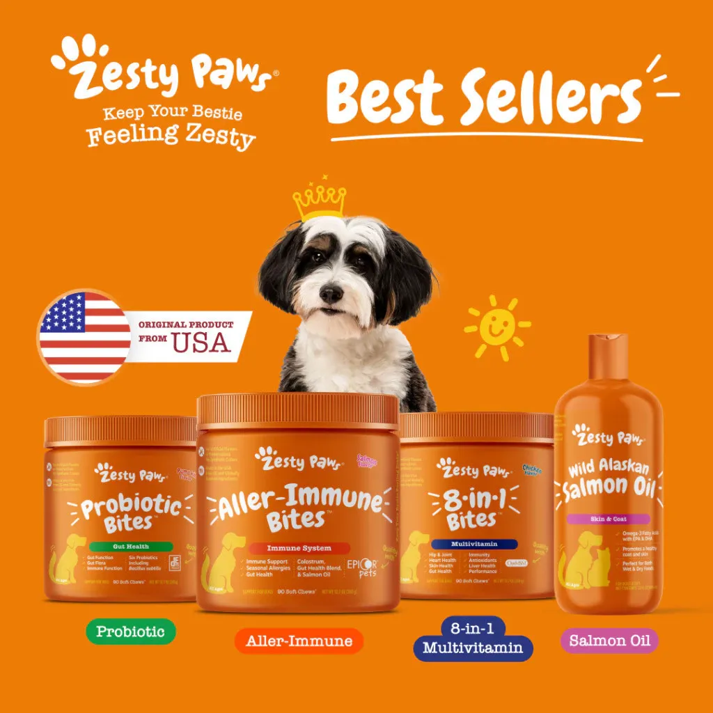 Zesty Paws dog supplements bundle with Aller-Immune, 8-in-1 multivitamin, salmon oil and probiotic bites