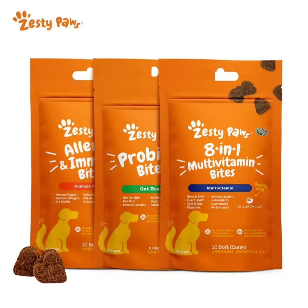 Zesty Paws trial packs of 8-in-1 multivitamin, Aller-Immune and probiotic bites, three sachets