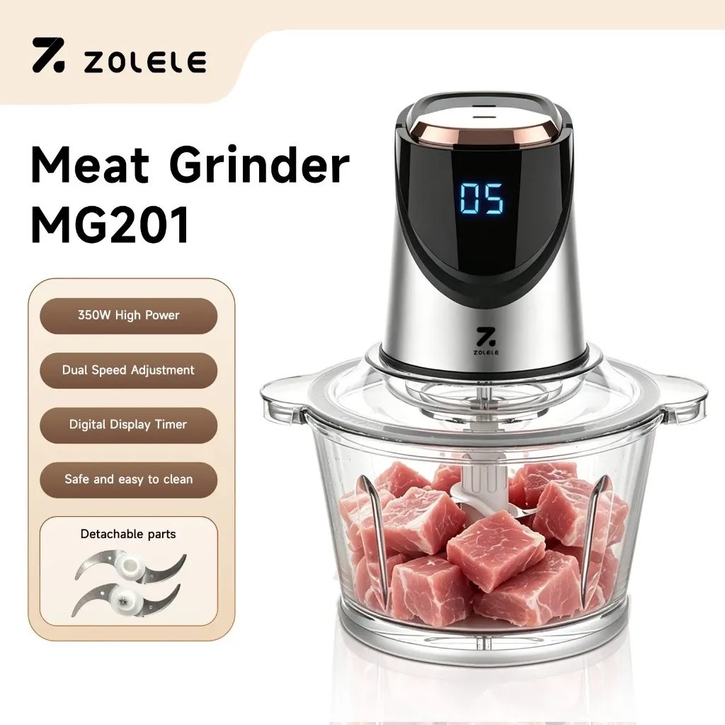 ZOLELE 2L stainless steel electric meat grinder and food blender, front view